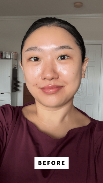 A selfie of Allure commerce editor Sarah Han before applying the Fenty Beauty Pro Filt'r Fluid Flex Foundation