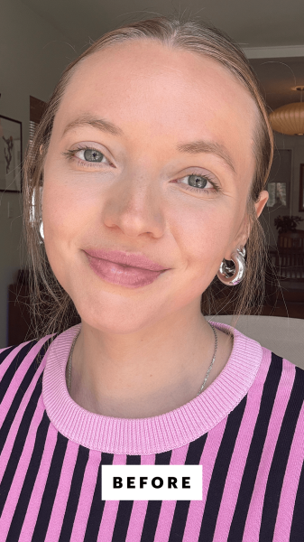 Fowler before applying Rare Beauty Positive Light Silky Touch Highlighter in Flaunt